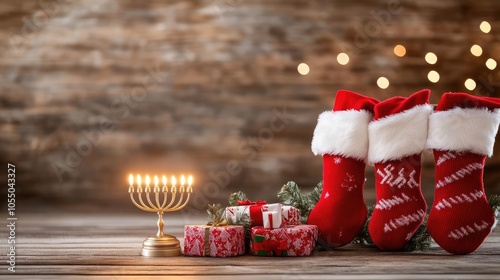 Menorah glowing next to Christmas stockings, peaceful and festive holiday decor photo