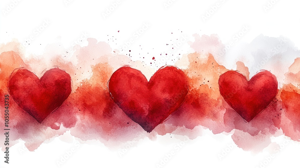 Fototapeta premium Watercolor Painting of Three Red Hearts on an Abstract Background