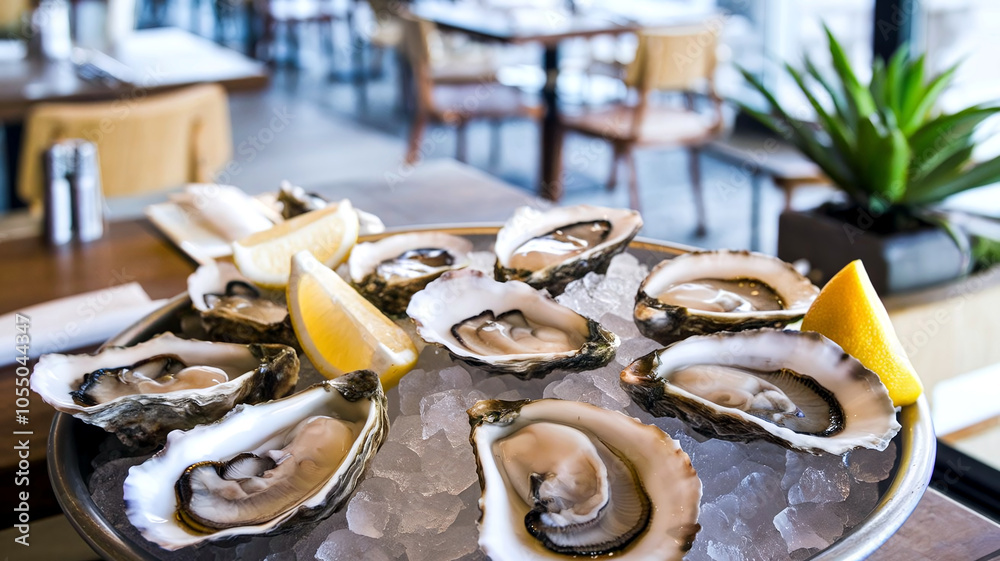 Plate of fresh oysters on ice garnished with lemon wedges, presented in a restaurant setting, perfect for seafood-themed culinary and dining imagery. 