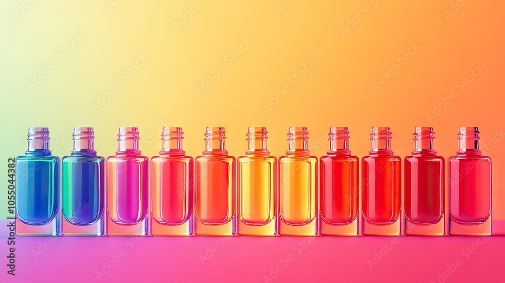 Colorful nail polish bottles lined up in a rainbow gradient. Colorful nail polish bottles lined up in a rainbow gradient.