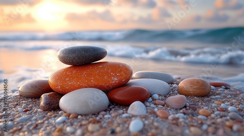 A serene stack of colorful stones on a sandy beach at sunset. photo