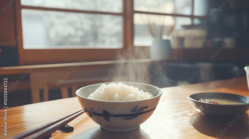 Cozy Asian Breakfast with Rice and Miso Soup in Kitchen Cozy Asian Breakfast with Rice and Miso Soup in Kitchen