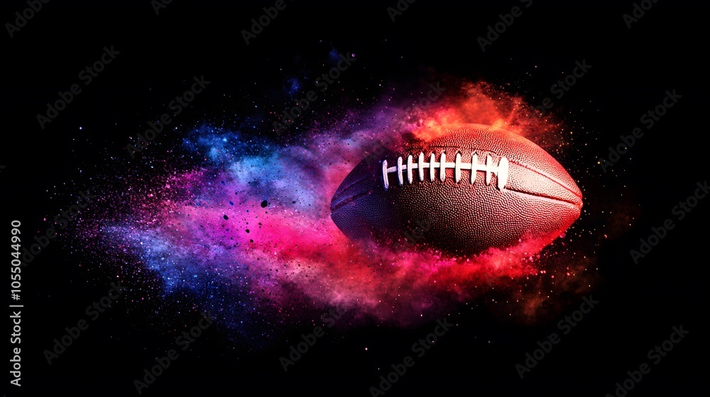 The ball is speeding of american football with colorful dust effect The ball is speeding of american football with colorful dust effect