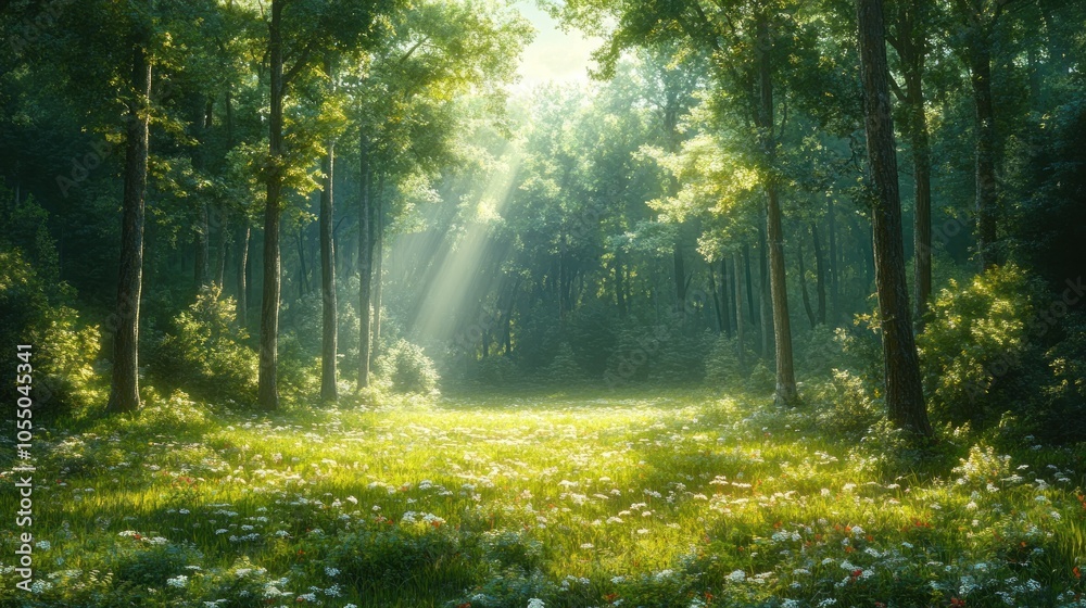 Obraz premium Lush forest with sunlight filtering through trees, creating a serene atmosphere.