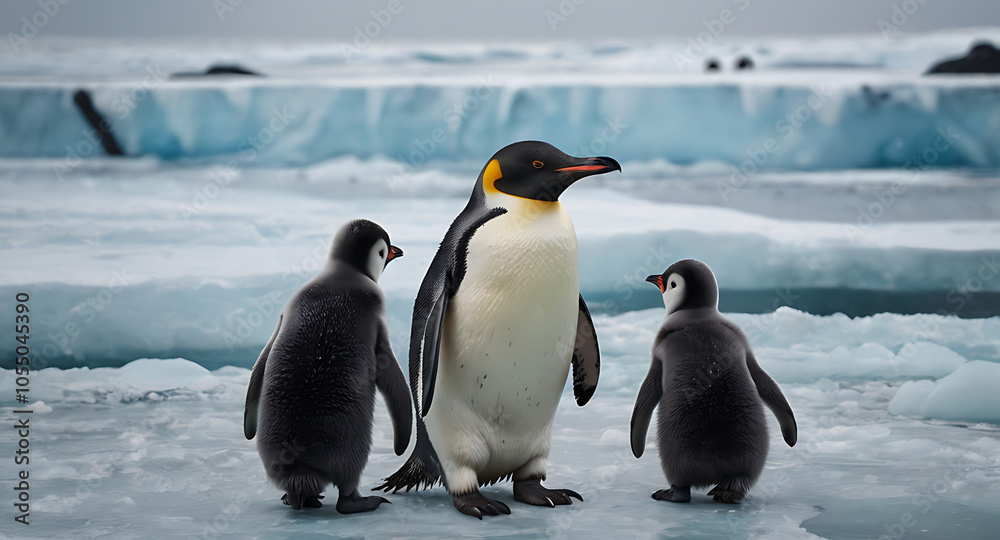 Obraz premium Illustration of a colony of penguins standing together on an icy shore, with a few chicks nestled close to their parents