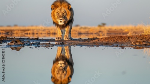 Majestic Lion Reflection in Water photo