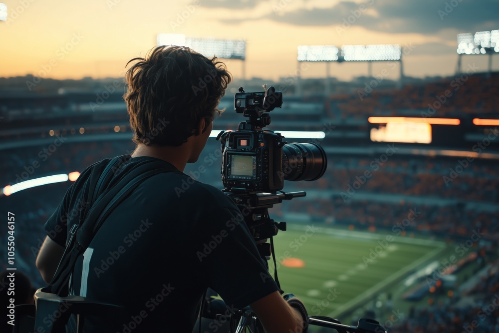 A focused camera operator captures dynamic sports action from a high vantage point in a bustling stadium. A focused camera operator captures dynamic sports action from a high vantage point in a bustling stadium.