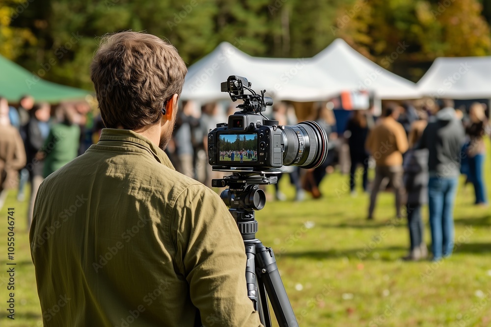 A man films an event, using a professional camera mounted on a tripod A man films an event, using a professional camera mounted on a tripod