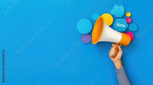 Hand holding a megaphone promoting voting, colorful speech bubbles on a vibrant blue background.