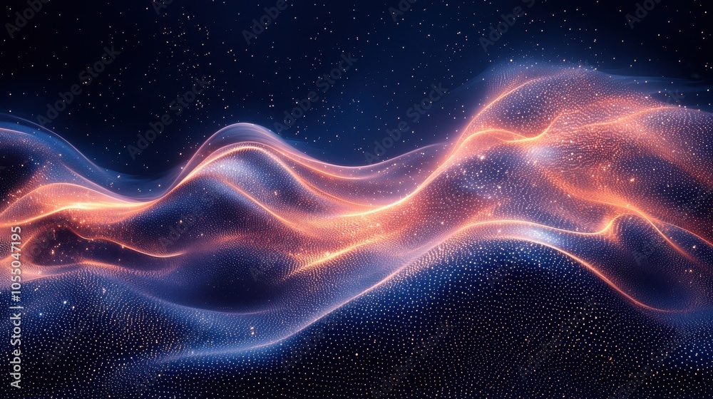 Abstract waves of light flow through a dark starry sky, creating a mesmerizing visual display with glowing colors and soft gradients Abstract waves of light flow through a dark starry sky, creating a mesmerizing visual display with glowing colors and soft gradients