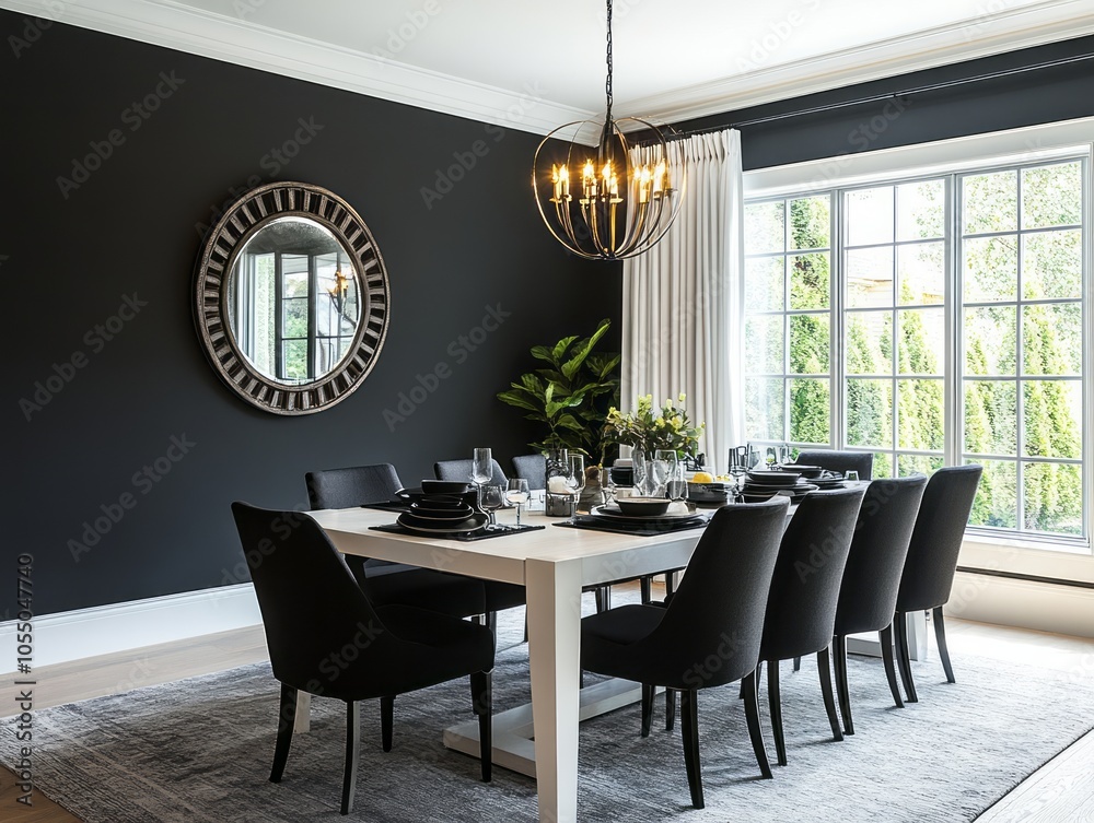 White dining table with black chairs, dark gray walls, and black-colored accessories for an elegant touch White dining table with black chairs, dark gray walls, and black-colored accessories for an elegant touch