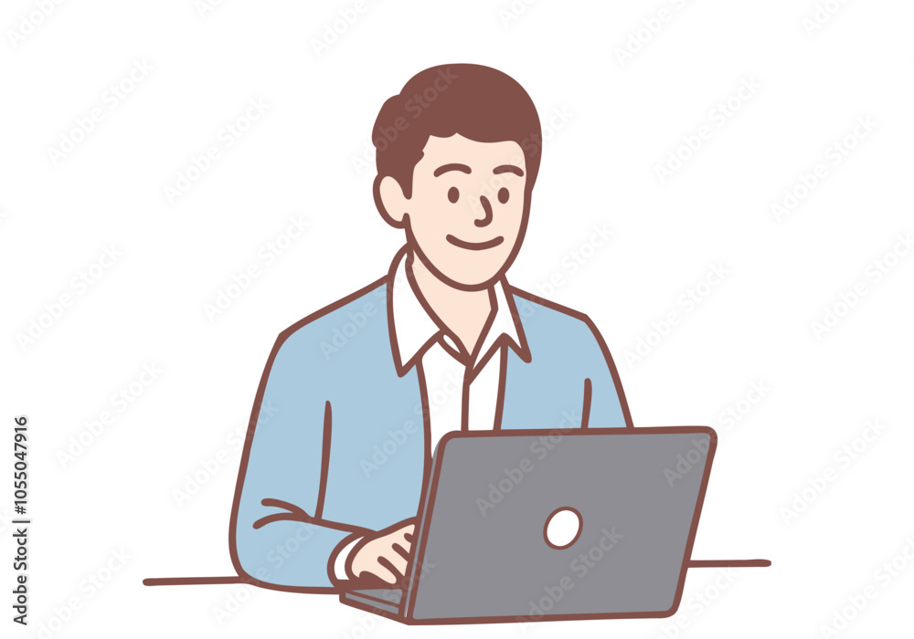 Young businessman happily using a laptop to work. Hand drawn style vector design illustrations. Young businessman happily using a laptop to work. Hand drawn style vector design illustrations.