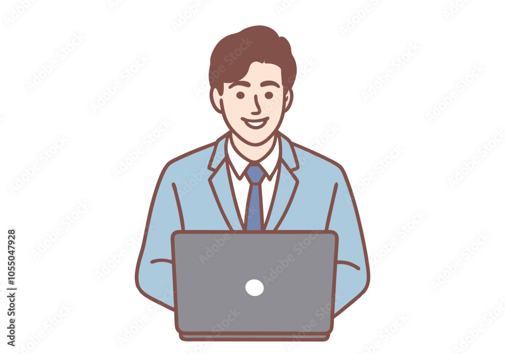Young businessman happily using a laptop to work. Hand drawn style vector design illustrations. Young businessman happily using a laptop to work. Hand drawn style vector design illustrations.
