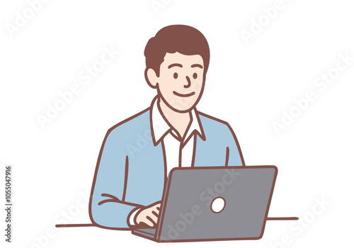 Young businessman happily using a laptop to work. Hand drawn style vector design illustrations.