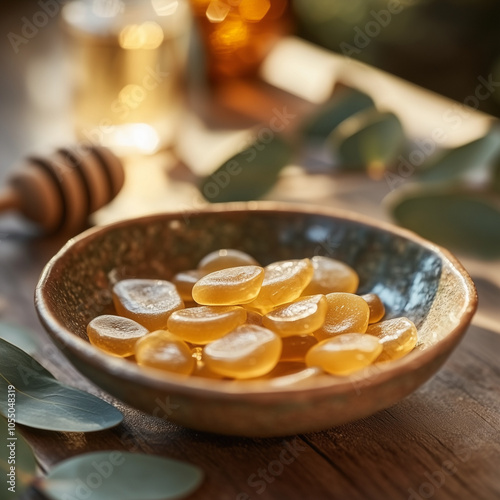 Close-up of herbal cough drops in a bowl, earthy tones with natural ingredients like honey and eucalyptus leaves surrounding them, soft warm lighting, cozy and health-focused atmosphere photo