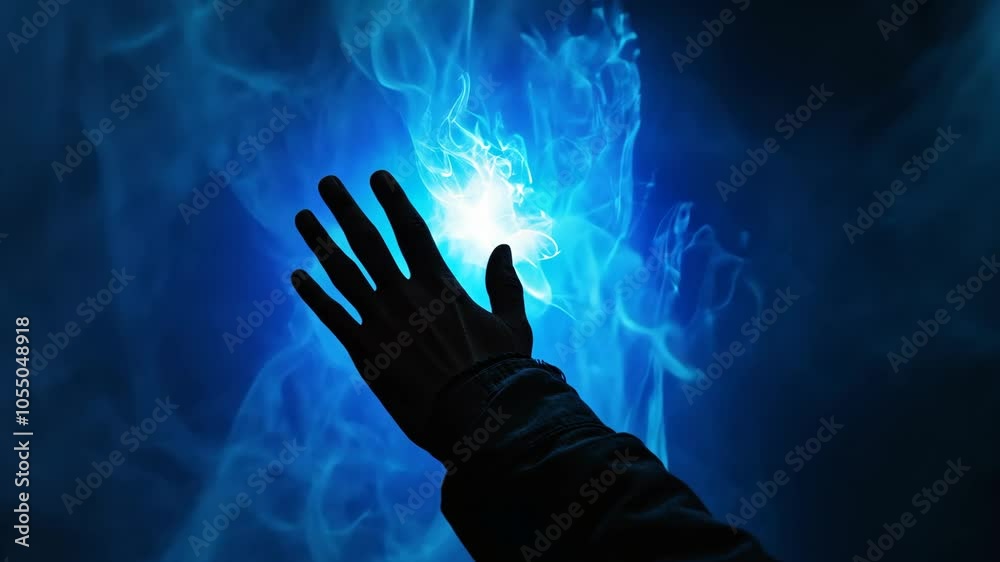A hand reaches out towards a bright blue light, illuminated against a dark background A hand reaches out towards a bright blue light, illuminated against a dark background