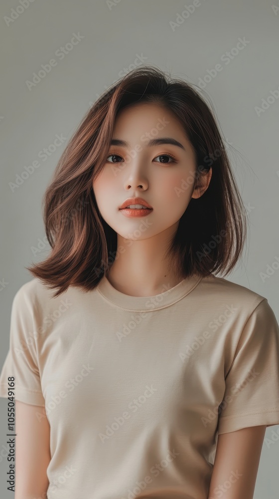 A young Asian model in her 20s wears a beige T-shirt under soft lighting for a minimal look A young Asian model in her 20s wears a beige T-shirt under soft lighting for a minimal look