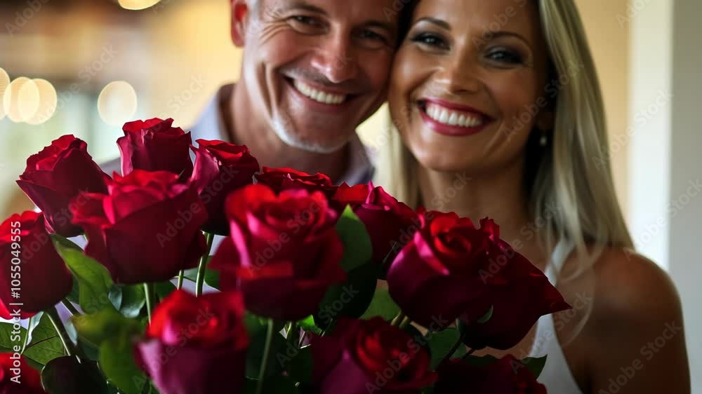 A couple smiles happily while holding a large bouquet of red roses A couple smiles happily while holding a large bouquet of red roses