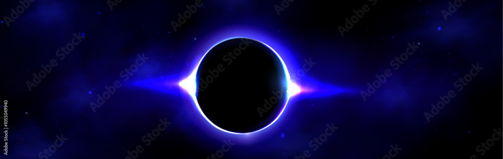 Obraz premium Glowing purple sun moon eclipse on dark background. Circular neon ring showcase celestial corona effect. Realistic 3d vector of astronomical phenomenon with luminous blue ray outlines and sparkles.