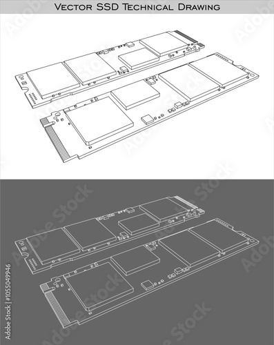 Vector NVMe SSD m.2 Solid State Drive technical drawings line blueprint isolated on transparent background