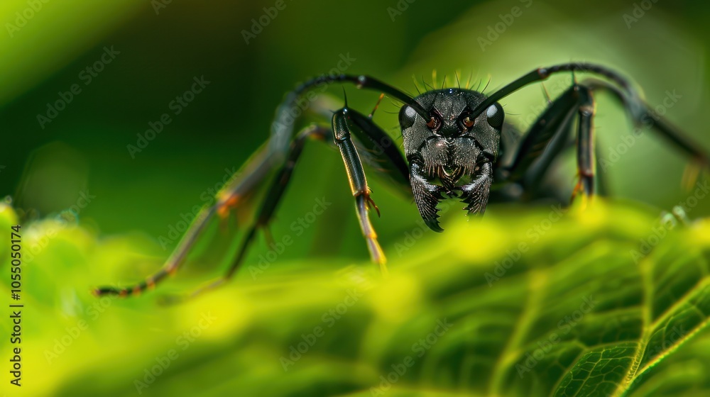 Fototapeta premium Black Ant on a Green Leaf