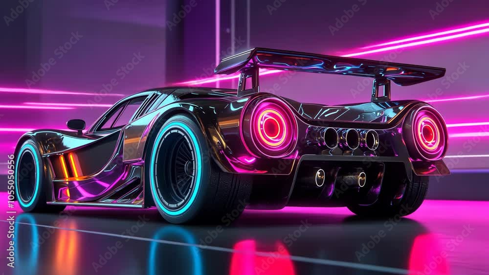 A black sports car with glowing neon accents is parked in a futuristic setting A black sports car with glowing neon accents is parked in a futuristic setting