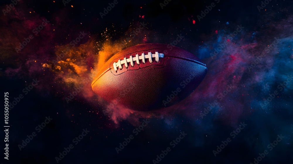 The ball is speeding of american football with colorful dust effect The ball is speeding of american football with colorful dust effect
