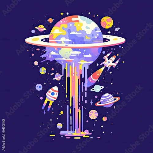 A whimsical and colorful illustration of a flying saucer surrounded by a playful array of planets, stars, and smaller UFOs. The vibrant colors and cartoonish style create a lighthearted and imaginativ photo