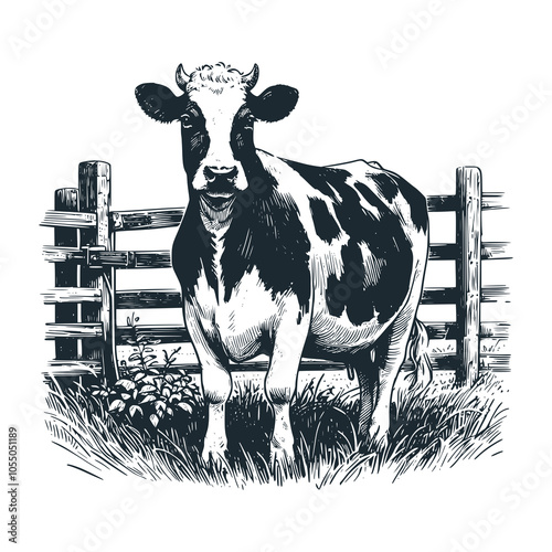 Dairy cow standing. Black white vector illustration.