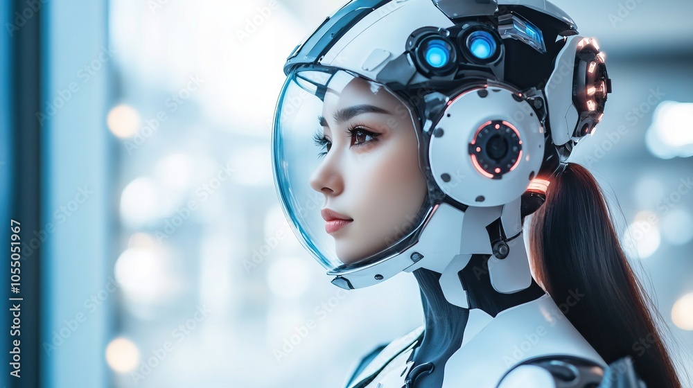 Woman in Futuristic Helmet Looking Off to the Side