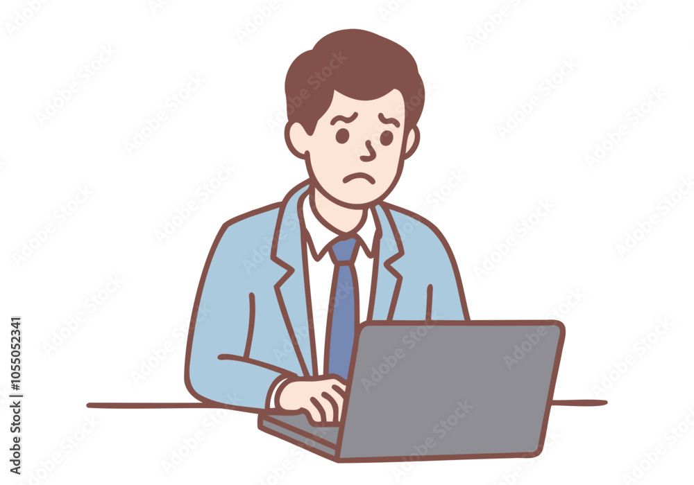 A young businessman is stressed out, standing in front of a desk with a laptop. Hand drawn style vector design illustrations. A young businessman is stressed out, standing in front of a desk with a laptop. Hand drawn style vector design illustrations.