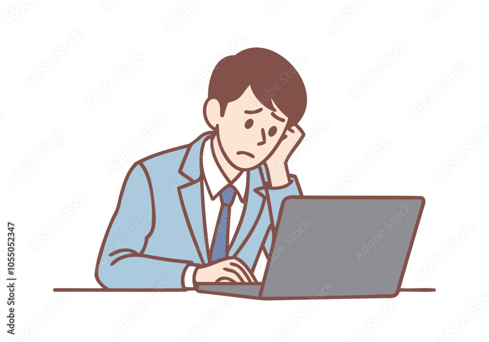 A young businessman is stressed out, standing in front of a desk with a laptop. Hand drawn style vector design illustrations. A young businessman is stressed out, standing in front of a desk with a laptop. Hand drawn style vector design illustrations.