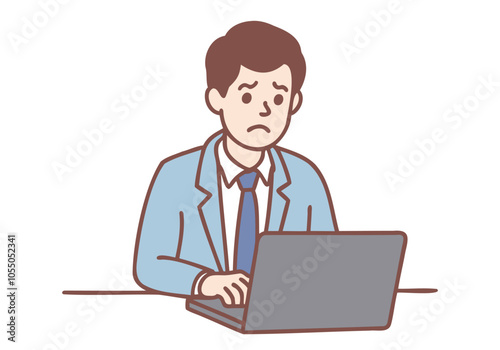 A young businessman is stressed out, standing in front of a desk with a laptop. Hand drawn style vector design illustrations.