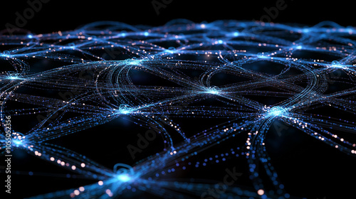 Fluorescent, swirling mesh of paths and nodes set against a dark setting, embodying the essence of future tech, data exploration, AI progress, and technological evolution