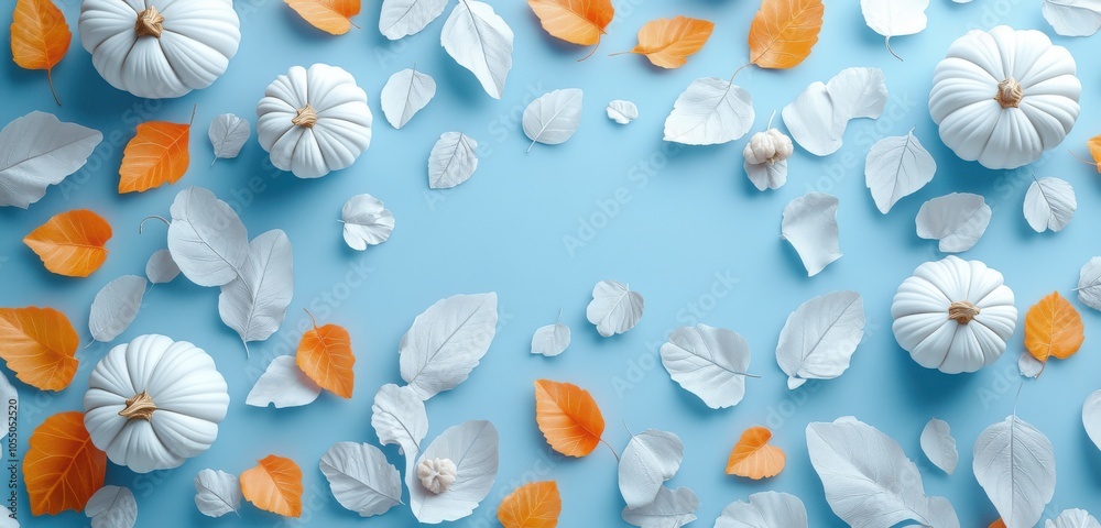 Autumn decor with white pumpkins and leaves on blue background