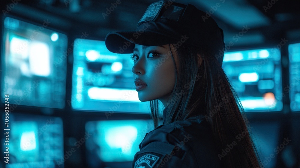Woman in Black Cap Looking at Screens with Blue Light