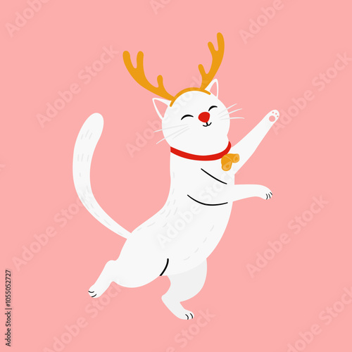 Festive White Cat with Reindeer Antlers