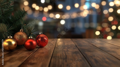 Festive christmas scene, wooden table decorated with ornaments, lights, and holiday cheer