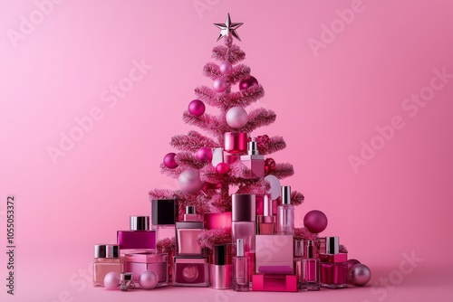 Christmas tree made of makeup cosmetics and decor on pastel rose background  photo