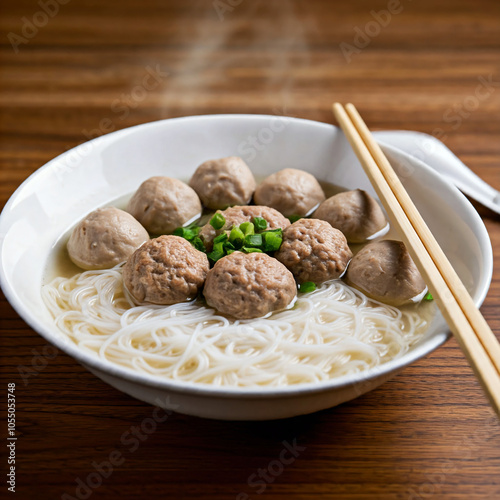 A steaming bowl of thin white rice noodles in clear broth photo