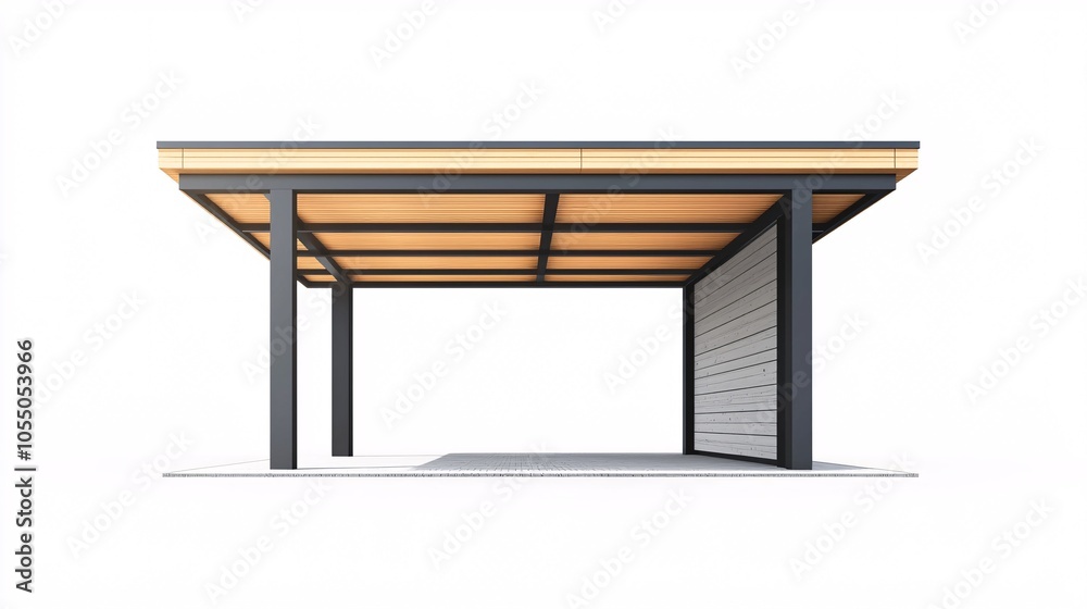 Modern carport design isolated on a white background, perfect for vehicle protection and outdoor storage. Modern carport design isolated on a white background, perfect for vehicle protection and outdoor storage.