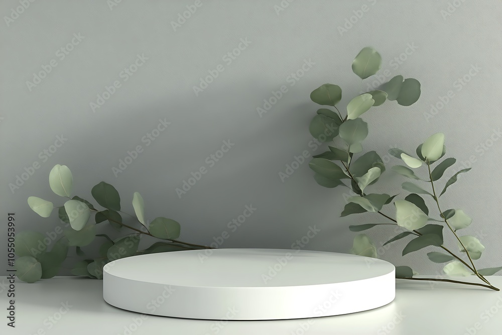 minimal product display design. Podium with green eucalyptus leaves. 3D Render minimal product display design. Podium with green eucalyptus leaves. 3D Render