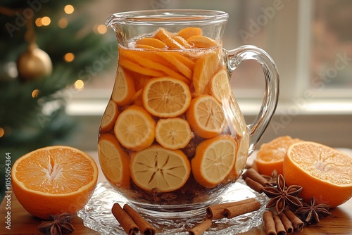 Hot Spiced Mulled Wine: Picture mulled wine in a glass pitcher or cup with oranges, cinnamon, anise, and cloves. photo