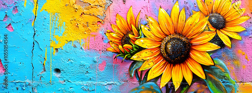 Vibrant yellow sunflowers painted on a colorful, weathered wall.