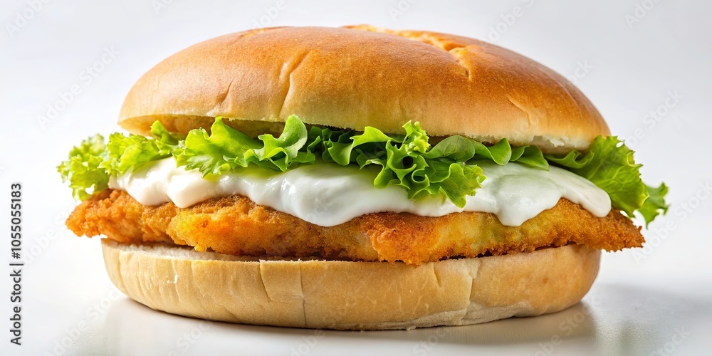 A golden-brown breaded patty with a creamy sauce and fresh lettuce nestled between two soft bun halves, ready to be devoured. A golden-brown breaded patty with a creamy sauce and fresh lettuce nestled between two soft bun halves, ready to be devoured.