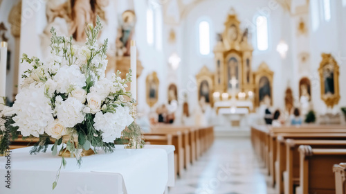 White flower arrangement with blurred church interior background during wedding or funeral ceremony