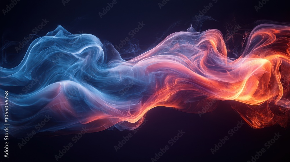 Colorful swirls of smoke blend seamlessly in shades of blue and orange against a dark backdrop, creating a mesmerizing abstract display