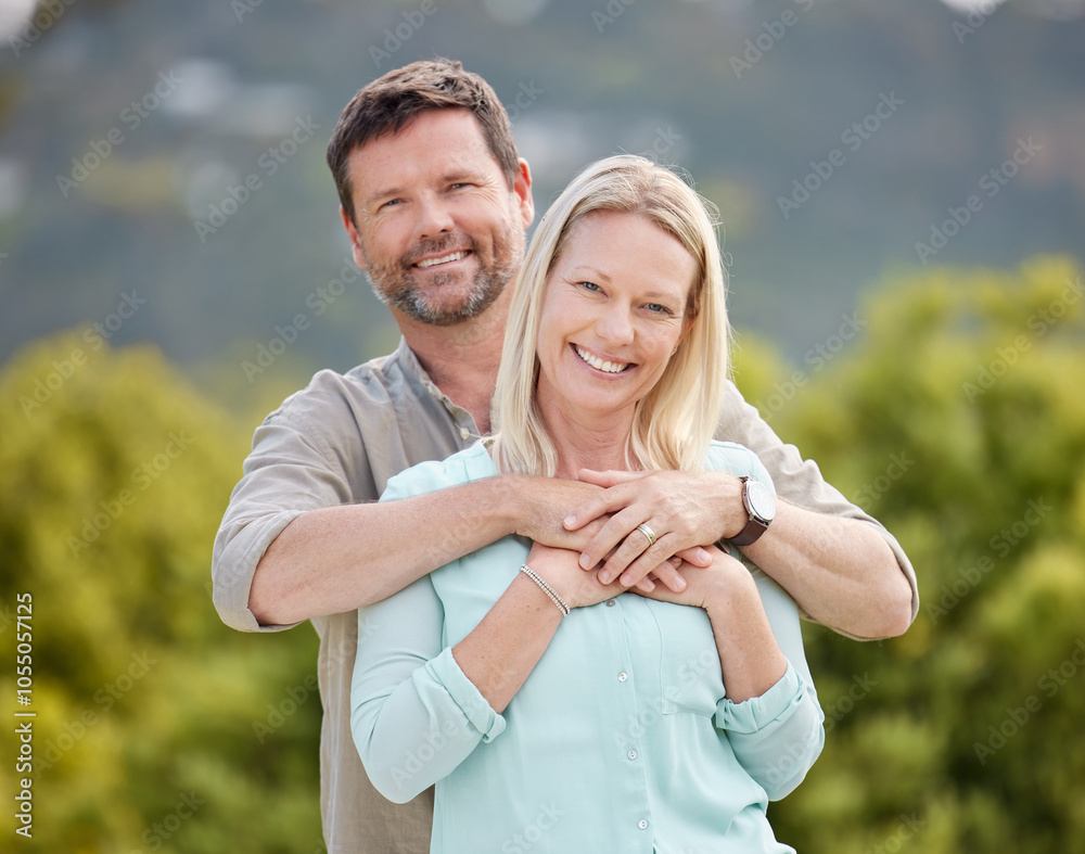 Smile, nature and portrait of couple hugging on romantic date outdoor in park with care together. Love, happy and mature man and woman in garden by trees on weekend trip or vacation in Australia. Smile, nature and portrait of couple hugging on romantic date outdoor in park with care together. Love, happy and mature man and woman in garden by trees on weekend trip or vacation in Australia.