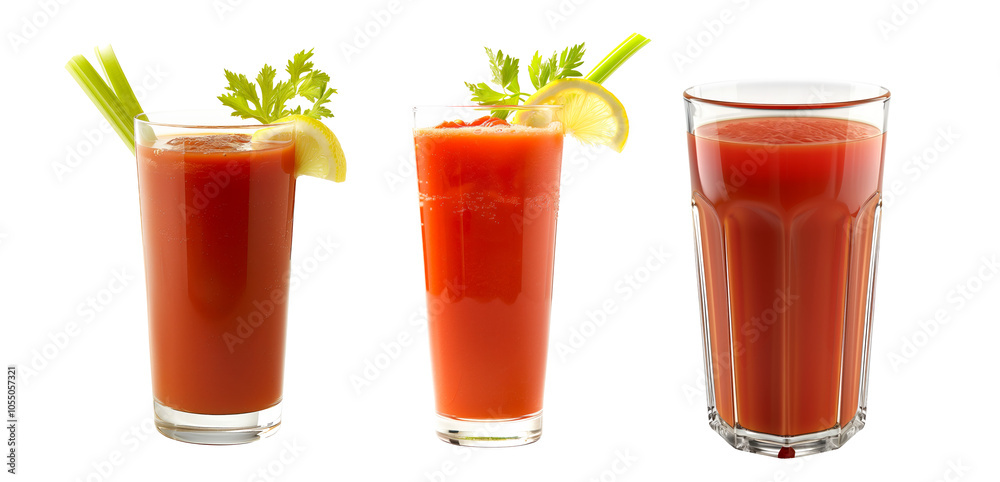 A tall glass of tomato juice beautifully garnished with fresh herbs, ideal for healthy drinks isolated on white background with clipping path A tall glass of tomato juice beautifully garnished with fresh herbs, ideal for healthy drinks isolated on white background with clipping path