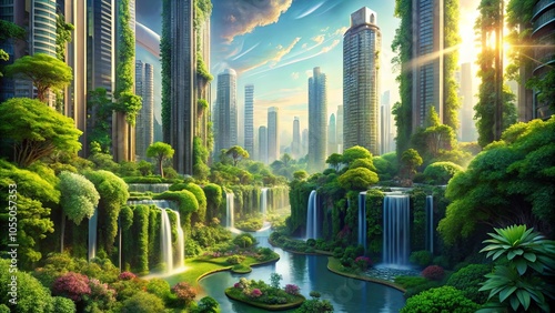 A Serene Oasis Within the Concrete Jungle, Lush Greenery and Cascading Waterfalls Flow Through a City of Skyscrapers